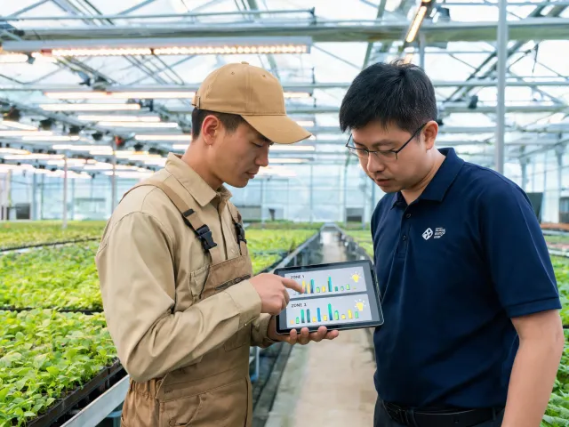 Grower and controls engineer commissioning lighting